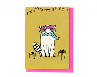 Raccoon Christmas Card - Winter Raccoon Illustration - Forest Friends - Woodland - Cute Raccoon - Christmas Greeting Cards - Happy Holidays