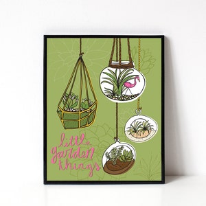 Terrarium Illustration - Succulent Art Print - Air Plant - Garden Wall Art Print - Terrarium Illustration - Pink Flamingo - Plant Art - 8x10