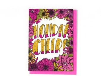 Holiday Cheer Card - Holiday Card - Pink Christmas Card - Happy Holidays - Floral Illustration - Merry Christmas - Happy New Year Card