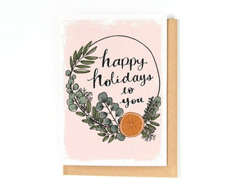 Happy Holidays Greeting Card - Eucalyptus Citrus Wreath Illustration - Christmas Card - Merry Christmas - Scandinavian - Modern Holiday