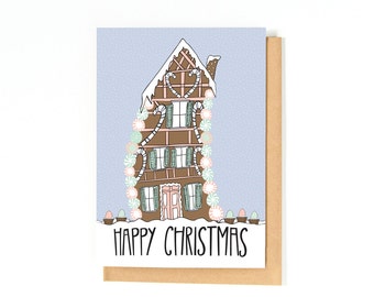 Happy Christmas Greeting Card - Gingerbread House Card - Holiday Card - Gingerbread Illustration - Happy Holidays Card - Merry Christmas