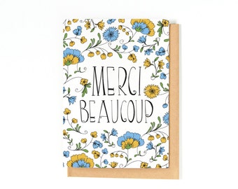Thank You Card - Merci Beaucoup Card - Wedding Thank You Card - French Card - Bridal Shower Thank You - Floral
