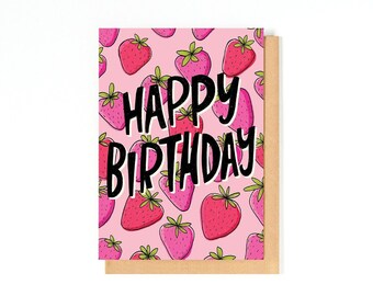 Strawberry Birthday Card - Happy Birthday Greeting Card - Strawberries Illustration - Berries - Summer Birthday Card - Birthday Gift Idea