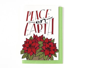 Peace on Earth Card - Merry Christmas Card - Holiday Greeting Card - Poinsettia Illustration - Christmas Greetings - Happy Holidays Card