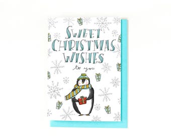 Christmas Penguin Greeting Card - Sweet Christmas Wishes To You - Merry Christmas Greeting Card - Illustration - Holiday Card