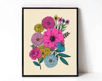 Flower Garden Illustration - Botanical 8x10 Art Print - Office Decor - Wall Art - Floral Illustration - Plant Lady Gift Idea - Wildflowers