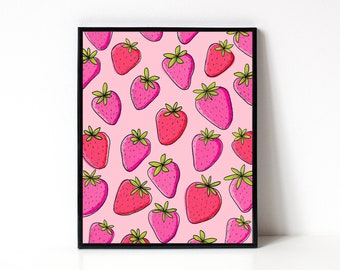 Strawberry Art Print - 8x10 Wall Art - Strawberries Illustration - Strawberry Pattern - Fruit Wall Art - Kitchen Art Print - Gift For Foodie