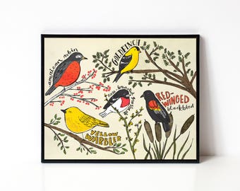 Bird Lover Gift - Bird Wall Art - Nature Illustration - Birds of Springtime - Nature Lover - Bird Decor - 8x10 print - Birds Illustration