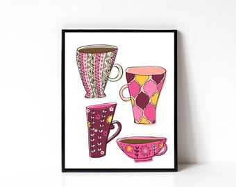 Coffee Art Print - Kitchen Wall Art - Gift For Coffee Lover - Housewarming Gift Idea - Kitchen Art - 8x10 Wall Art - Coffee Mug Illustration