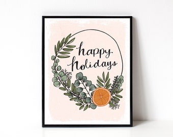 Eucalyptus Wreath Holiday Art Print - 8x10 - Holiday Decor - Wall Art - Scandinavian Style Christmas - Happy Holidays Print