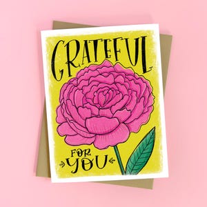 Illustration de pivoine, carte de remerciement botanique, cadeau de remerciement, carte de voeux de gratitude, pivoines roses, carte intérieure vierge