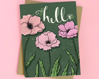 Pink Poppies Greeting Card, Floral Hello Card, Cottagecore Poppy Garden, Pretty Just Because Card, Pink Green Flowers Icelandic Poppy, Blank
