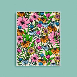 May include: A vibrant floral art print featuring a colorful array of flowers. The artwork showcases pink, orange, blue, and yellow flowers with green leaves against a cream background. The flowers are outlined in black.