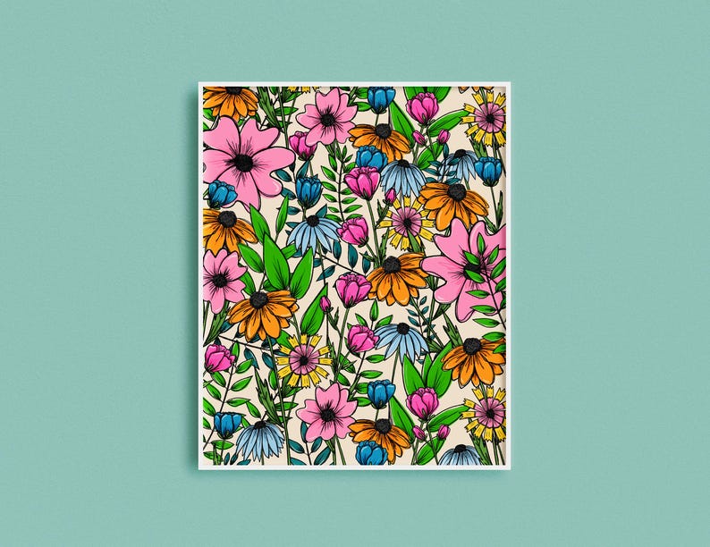 May include: A vibrant floral art print featuring a colorful array of flowers. The artwork showcases pink, orange, blue, and yellow flowers with green leaves against a cream background. The flowers are outlined in black.