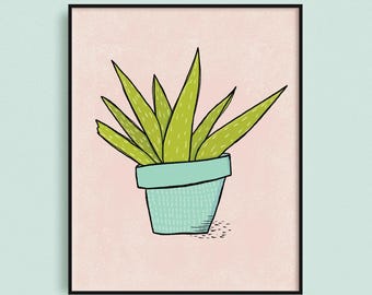 Aloe vera-växtillustration, 8x10-tryck, väggkonst med växter, krukväxtkonst, present till växtälskare, trädgårdsgåva, väggdekoration med krukväxter