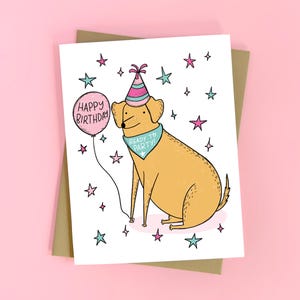 Cartão de aniversário de cachorro de festa - Cartão de aniversário fofo - Cachorros - Cartão para mãe de cachorro - Cartão de aniversário divertido - Ilustração de cachorro
