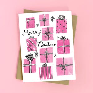 Pink Merry Christmas Card, Mid-Century Modern Holiday Card, Retro Christmas Card, Gift Illustration, Cute Simple Holiday Card, Blank Inside