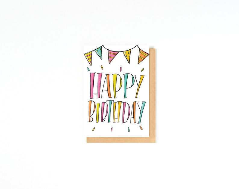 Happy Birthday Card Bday Card Bunting Birthday Greeting Card Card for Friend Best Friend Birthday Card Hand-lettering image 1