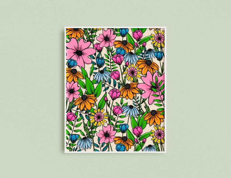 May include: A floral art print featuring a vibrant array of colorful flowers. The artwork showcases pink, orange, blue, and yellow blooms with green foliage against a cream background. The flowers are outlined in black, creating a bold, graphic style.