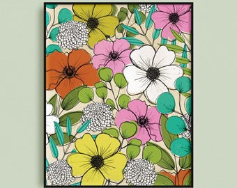 Mid-Century Colors Floral Illustration - Flower Art - Botanical Illustration - Gardening - Plant Lady - 8x10 Art Print - Wall Art - Florals