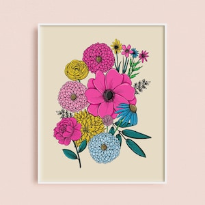Illustrazione di un giardino fiorito - Stampa artistica botanica 8x10 - Decorazione per ufficio - Arte murale - Illustrazione floreale - Idea regalo per Plant Lady - Fiori di campo