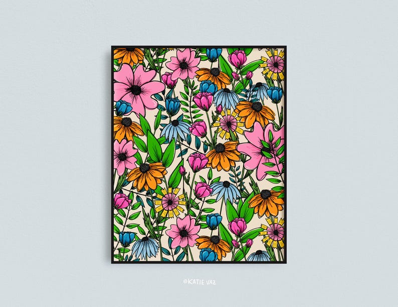 May include: A framed floral art print featuring a vibrant array of colorful flowers. The artwork showcases pink, orange, blue, and yellow flowers with green leaves against a cream background. The print is in a black frame.