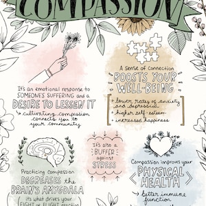 Sketchnote Collection Compassion, Journaling, Mindfulness/Self-Compassion/Gratitude, Mindset, Neuroplasticity Therapy Self Care 8x10 Pack image 2