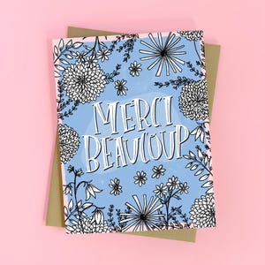 Merci Beaucoup Floral Thank You Card, Dahlias Garden, Gratitude Greeting Card, Hand Illustrated Wildflowers, Blue Botanical, Blank Inside