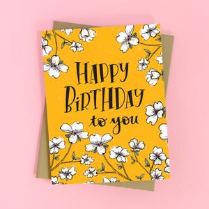 Cartão de Feliz Aniversário Botânico, Cartão de Aniversário de Flores para Ela, Ilustração Floral, Flores de Cornus, Cartão de Aniversário para a Senhora das Plantas, Amarelo