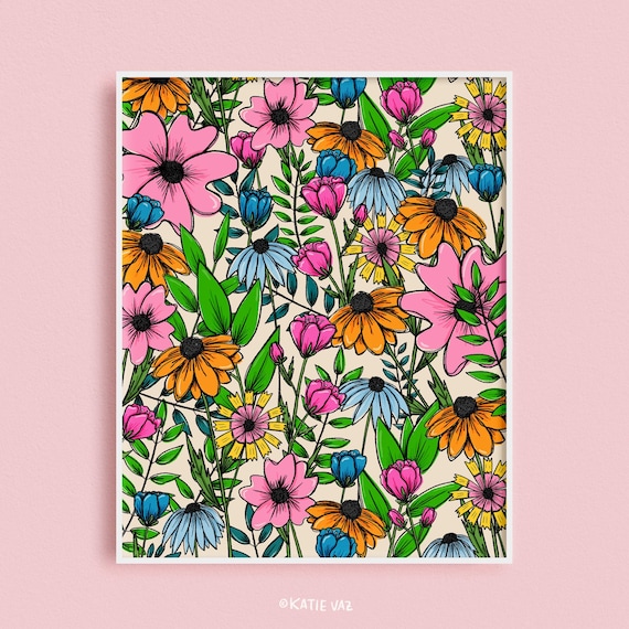 Wildflower Garden 8x10 Art Print, Botanical Wall Decor, Plant Lady Gift Idea, Floral Art, Colorful Nature Illustration, Gardener Gift