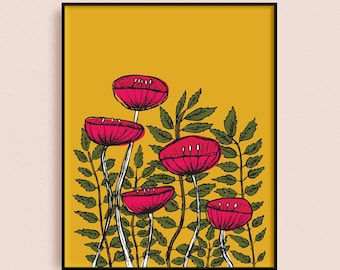 Poppies Art Print, Red Poppy Illustration, Blue Poppy Cottagecore Art Print, Poppy Flower Wall Art, 8x10 Plant Art, Gardening Illustration