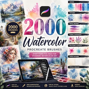 May include: A digital collection of 2000 watercolor Procreate brushes featuring a colorful watercolor background, a tablet displaying a landscape painting, and a stylus. The image includes text labels for washes, textures, detail brushes, floral, botanical, splatters, effects, paper textures, and special brushes.