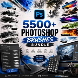 Puede incluir: Un paquete digital de más de 5500 pinceles de Photoshop con diversos efectos artísticos como acuarela, tinta, carbón, humo, fuego y nubes. La imagen muestra una tableta, un lápiz óptico y una pantalla de ordenador con ajustes de pincel.