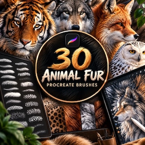 Puede incluir: Un conjunto digital de 30 pinceles de pelaje animal para Procreate con un gráfico circular central que incluye el texto 30 ANIMAL FUR PROCREATE BRUSHES. La imagen muestra varios retratos de animales, incluyendo un tigre, lobo, zorro y búho.