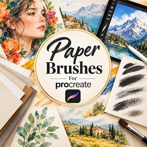 Könnte beinhalten: Ein digitales Kunstset mit dem Text Paper Brushes For procreate, umgeben von Aquarellillustrationen einer Person, einer Berglandschaft und einer ländlichen Szene, neben einem Tablet mit Stift und verschiedenen strukturierten Papiermustern.