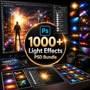 May include: A digital product bundle featuring 1000+ light effects for Adobe Photoshop, displayed on a computer monitor and printed sheets. The central circular graphic displays the text Ps 1000+ Light Effects PSD Bundle in gold and white.