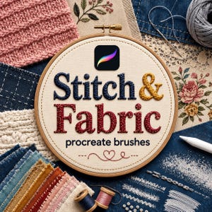 Könnte beinhalten: Ein runder Stickrahmen aus Holz mit cremefarbenem Stoff, auf dem der Text Stitch & Fabric procreate brushes in dunkelblauem, goldenem und rotem Garn gestickt ist, inklusive Procreate-App-Symbol und einem kleinen gestickten Herz.