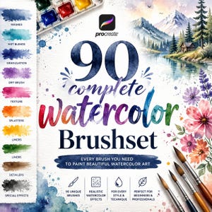 Puede incluir: Una portada de producto digital para un set de 90 pinceles de acuarela para Procreate. La imagen presenta un paisaje de acuarela, ilustraciones florales y una barra lateral vertical que muestra varias texturas de trazos en azul, rosa, naranja y verde.