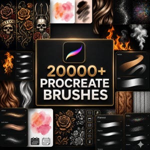 Könnte beinhalten: Eine digitale Sammlung von 20000+ Procreate-Pinseln mit einem zentralen Logo und verschiedenen Vorschaubereichen, die künstlerische Effekte wie Totenköpfe, Rosen, Feuer, Rauch, Haartexturen, Aquarellspritzer, Glitzer und Strickmuster zeigen.