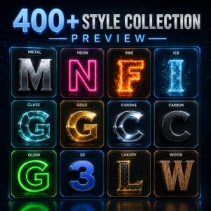 K&ouml;nnte beinhalten: Eine digitale Grafik mit dem Titel 400+ STYLE COLLECTION PREVIEW zeigt ein Raster aus zw&ouml;lf quadratischen Symbolen. Jedes Symbol zeigt einen Buchstaben oder eine Zahl in verschiedenen Texturen wie Metall, Neon, Feuer, Eis, Glas, Gold, Chrom, Carbon, Leuchten, 3D, Luxus und Holz.