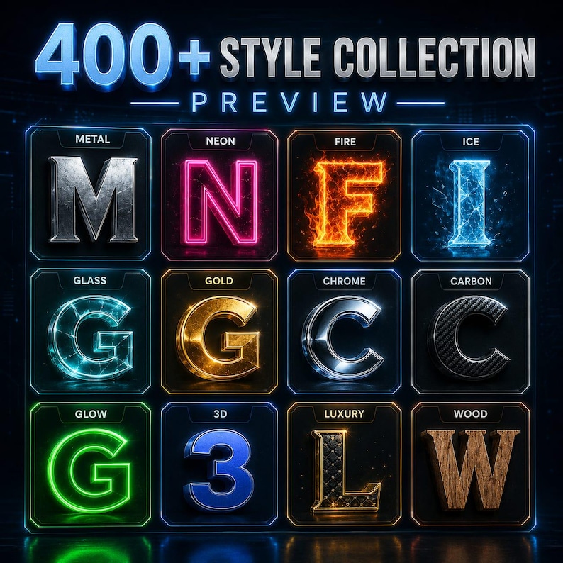 K&ouml;nnte beinhalten: Eine digitale Grafik mit dem Titel 400+ STYLE COLLECTION PREVIEW zeigt ein Raster aus zw&ouml;lf quadratischen Symbolen. Jedes Symbol zeigt einen Buchstaben oder eine Zahl in verschiedenen Texturen wie Metall, Neon, Feuer, Eis, Glas, Gold, Chrom, Carbon, Leuchten, 3D, Luxus und Holz.