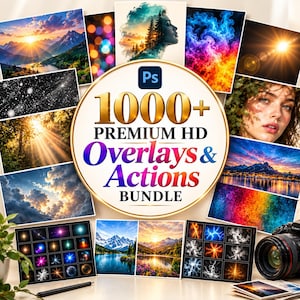 May include: A digital product bundle featuring a central circular emblem with the text Ps 1000+ PREMIUM HD Overlays & Actions BUNDLE, surrounded by a collage of various photographic effects including mountain sunsets, light flares, and textures.