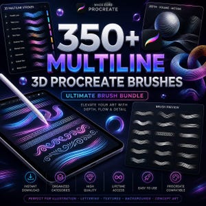 May include: A digital product display for 350+ Multiline 3D Procreate Brushes featuring a tablet with a stylus drawing neon gradient lines, a brush preview grid, and text overlays detailing features like instant download and high quality.