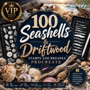 May include: A digital product set featuring 100 seashells and driftwood stamps and brushes for Procreate. The image displays text reading 100 Seashells & Driftwood, surrounded by various seashells and pieces of driftwood on a beach background.