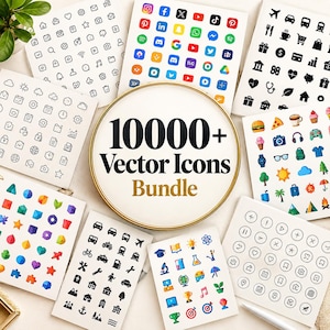 Peut inclure: Une collection de cartes blanches présentant divers ensembles d'icônes, incluant des logos de réseaux sociaux, des symboles de transport, des graphiques météo et des formes colorées. Une étiquette centrale dorée affiche 10000+ Vector Icons Bundle.