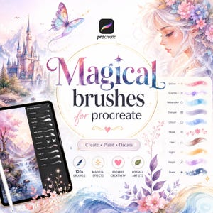 Puede incluir: Un set de arte digital para Procreate con el texto Magical brushes for procreate, Create Paint Dream y 120+ brushes. La imagen muestra una pantalla de tableta con un menú de pinceles, un castillo fantástico, una mariposa y un retrato.