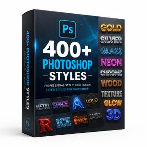 Può includere: Una scatola software rettangolare nera con il testo 400+ PHOTOSHOP STYLES. Il design mostra vari effetti di testo, inclusi stili oro, argento, vetro, neon, cromo, legno, texture, bagliore, 3D, metallo, spazio, lusso, ghiaccio, fuoco e carbonio.
