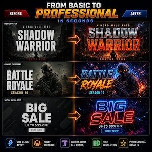 K&ouml;nnte beinhalten: Eine Vergleichsgrafik mit dem Titel FROM BASIC TO PROFESSIONAL IN SECONDS zeigt drei Beispiele f&uuml;r Bildverbesserungen. Jede Zeile zeigt eine Vorher-Nachher-Version eines Filmplakats, eines Gaming-Thumbnails und eines Social-Media-Beitrags.