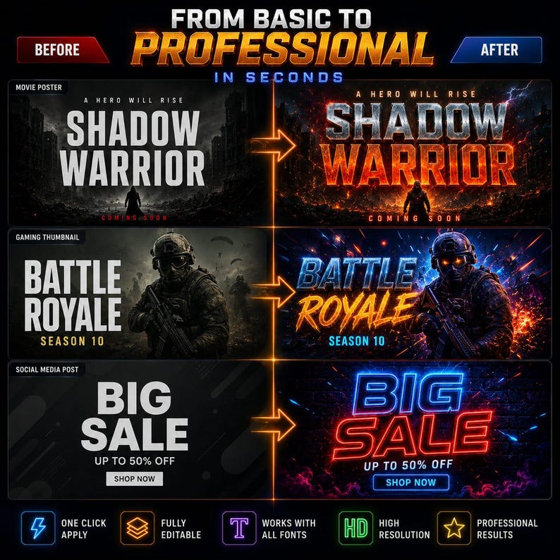 K&ouml;nnte beinhalten: Eine Vergleichsgrafik mit dem Titel FROM BASIC TO PROFESSIONAL IN SECONDS zeigt drei Beispiele f&uuml;r Bildverbesserungen. Jede Zeile zeigt eine Vorher-Nachher-Version eines Filmplakats, eines Gaming-Thumbnails und eines Social-Media-Beitrags.