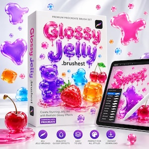 May include: A digital product box for a Procreate brush set titled Glossy Jelly, featuring colourful 3D jelly shapes like a bear, strawberry, and cherries. A tablet displays the brush library and a stylus, with icons for features below.